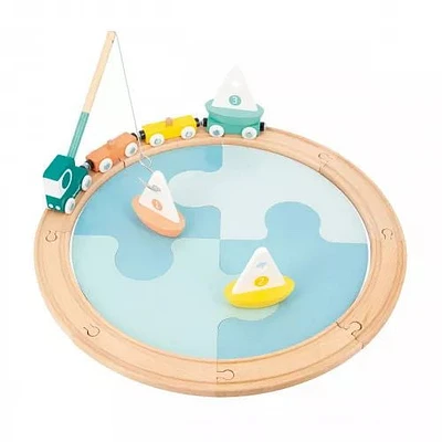 Janod - Bolid - Saling Boat Circuit -  with Tracks and Magnetic Lorry and Wagons - 20 Pieces -  Creative  Imaginative Toy - Construction Game - For Toddlers - From 2 Years + - J04629