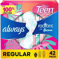 Always Radiant Teen Pads, Size 1, Regular, with Wings, Unscented, 42CT