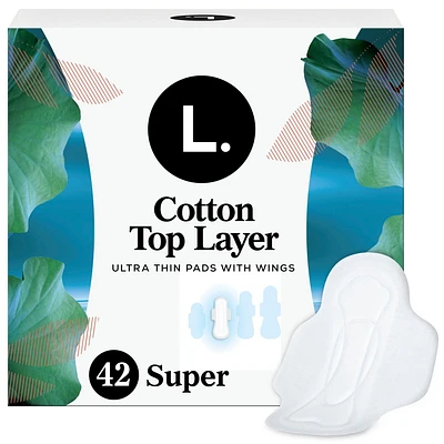 Serviettes L. ultraminces pour femmes, degré d’absorption super, voile supérieur en coton biologique, non parfumées, avec ailes, 42serviettes 42CT
