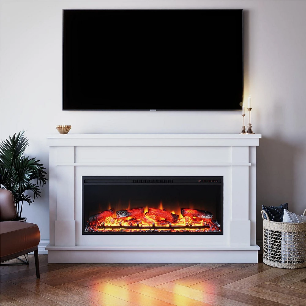 Ameriwood Home Elmcroft Wide Mantel with Linear Electric Fireplace, White