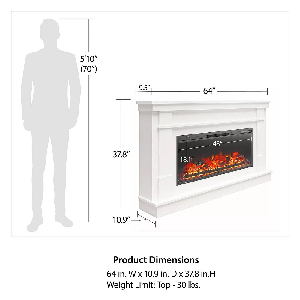 Ameriwood Home Elmcroft Wide Mantel with Linear Electric Fireplace, White