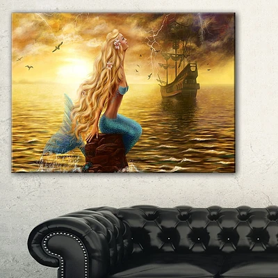 Design Art Sea Mermaid with Ghost Ship Seascape Digital Art Canvas Print