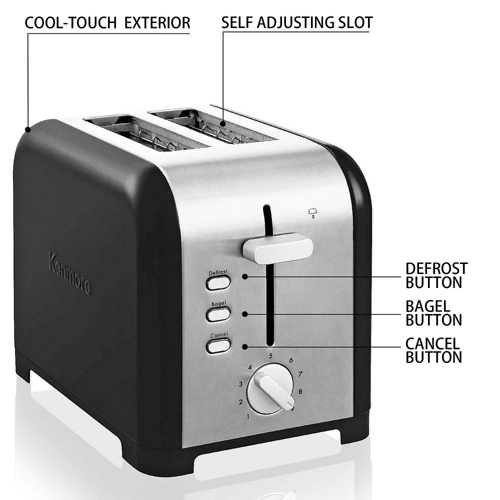 Kenmore 2-Slice Stainless Steel Toaster, Dual Controls, Extra Wide Slots, Bagel and Defrost Functions