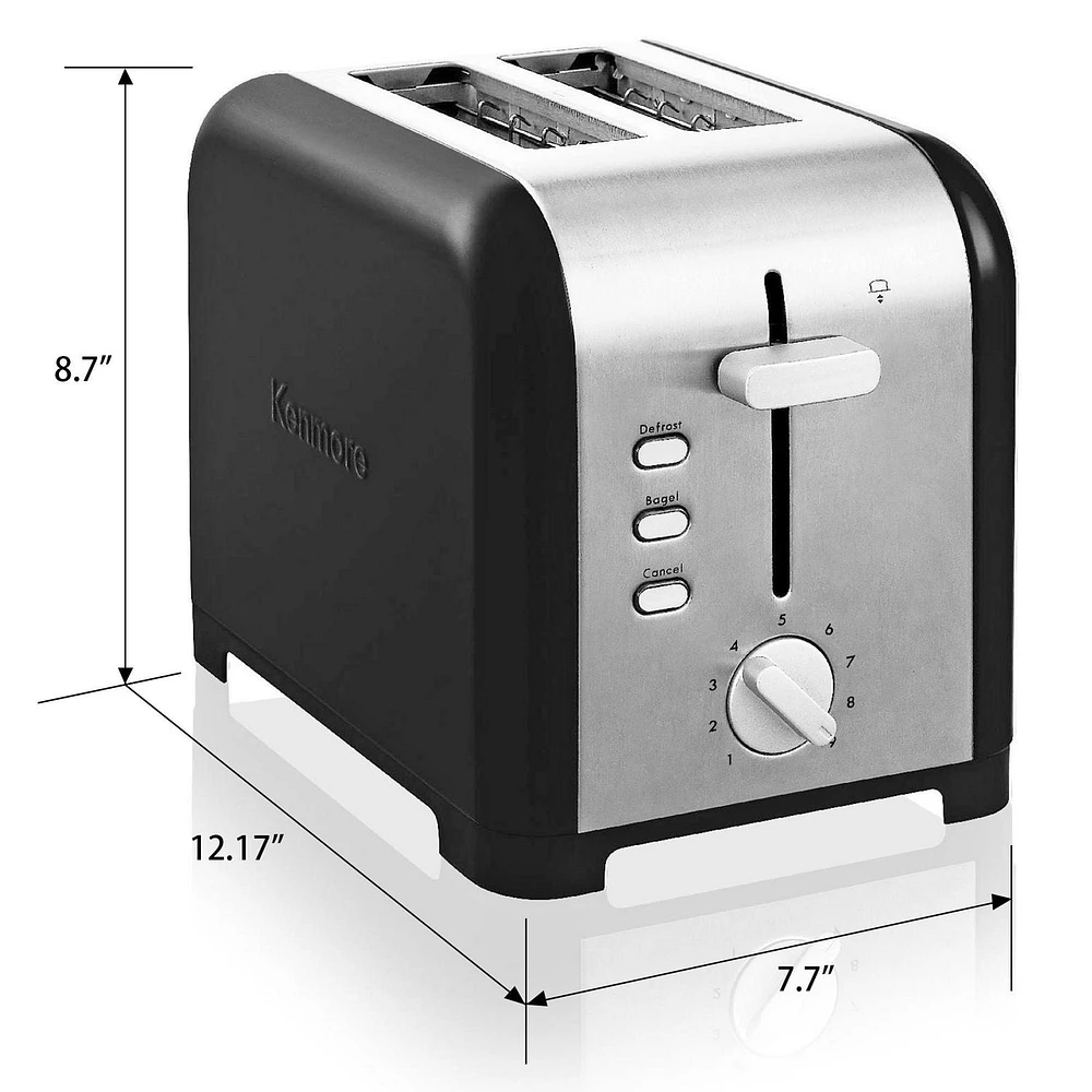 Kenmore 2-Slice Stainless Steel Toaster, Dual Controls, Extra Wide Slots, Bagel and Defrost Functions