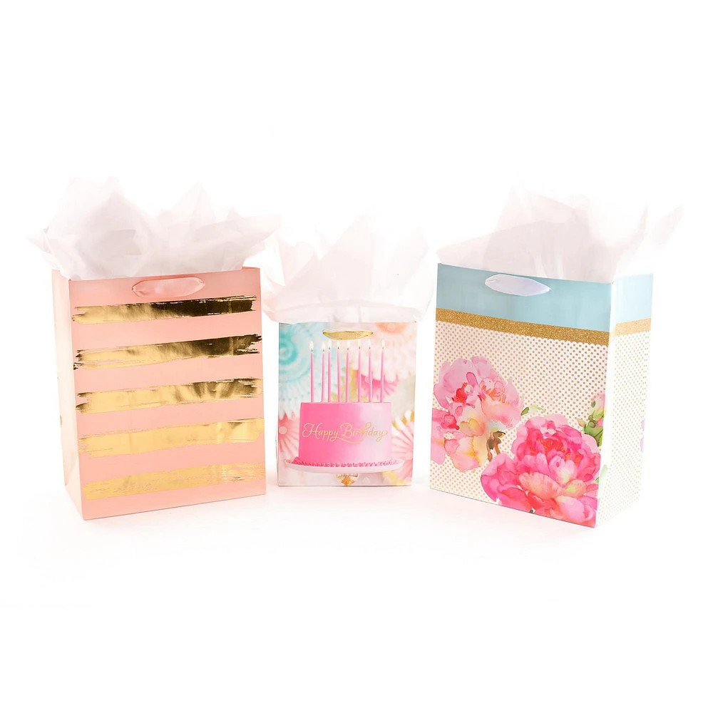 Hallmark Gold and Pink Gift Bag Assortment (Pack of 3: 2 Large 13" and 1 Medium 9") for Birthdays, Mother's Day, Anniversaries and More