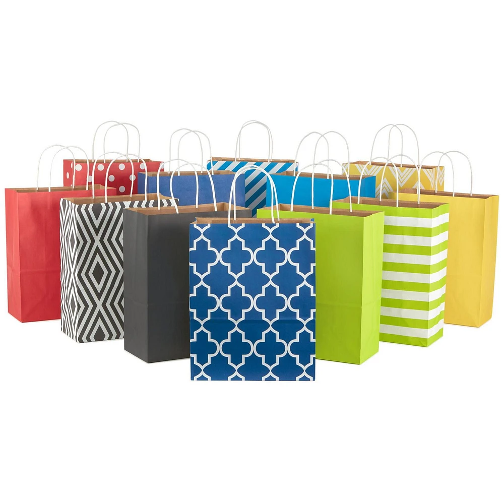 Hallmark 12" Large Paper Gift Bag Assortment, Pack of 12 in Blues, Red, Yellow, Black - Solids and Geometric Patterns for Birthdays, Father's Day, Holidays and More