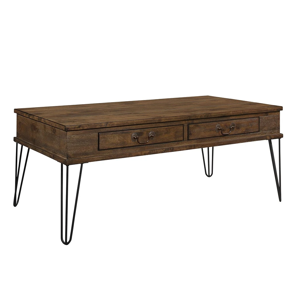 Topline Home Furnishings Rectangular Coffee Table with 2 Drawers, Rustic Oak