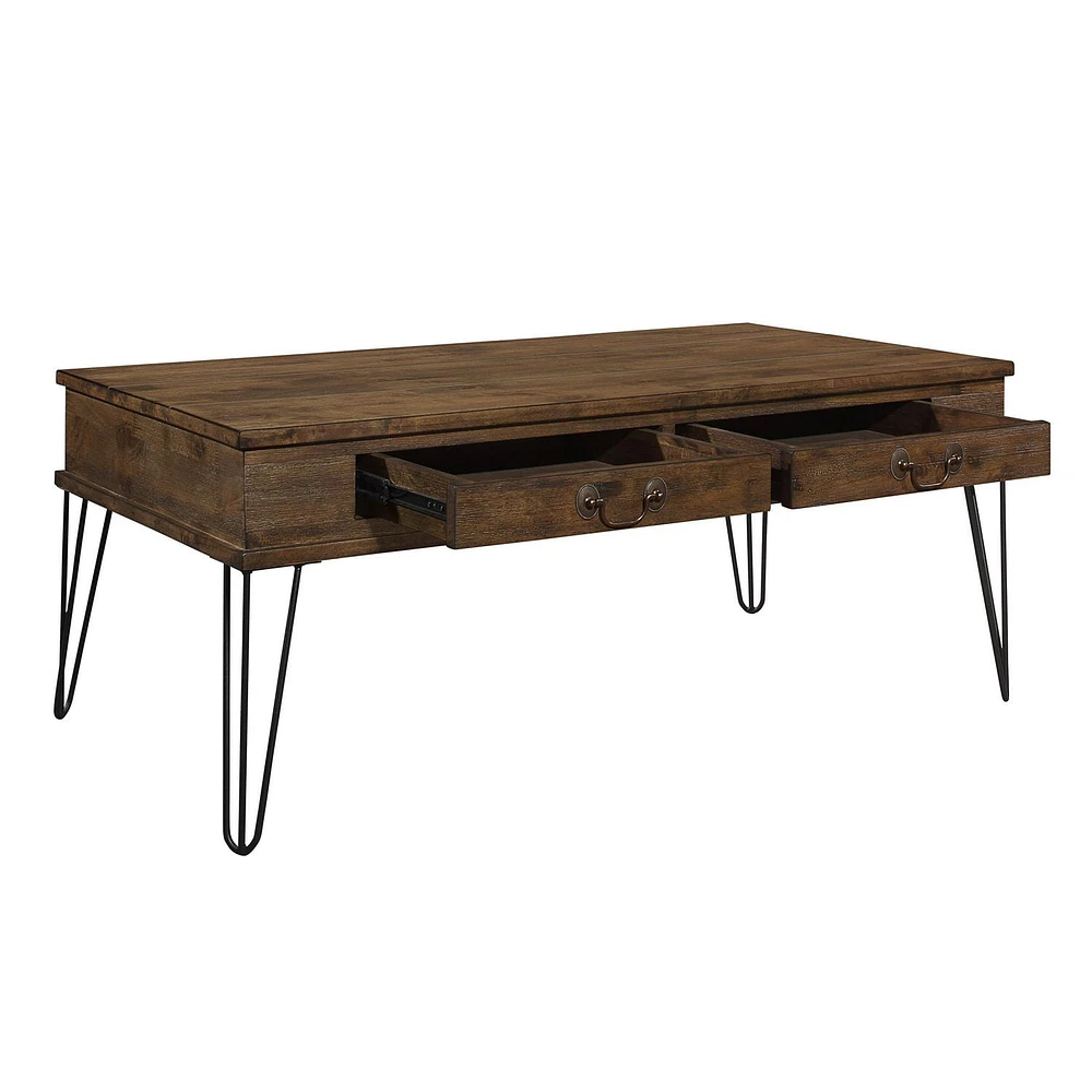 Topline Home Furnishings Rectangular Coffee Table with 2 Drawers, Rustic Oak