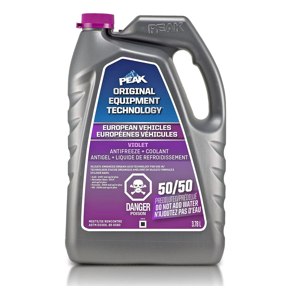 PEAK® OET Extended Life Violet 50/50 Pre-Diluted Antifreeze/Coolant  for European Vehicles, 3.78 Liters, PEAK OET AFC 50/50 Euro Violet