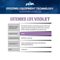 PEAK® OET Extended Life Violet 50/50 Pre-Diluted Antifreeze/Coolant  for European Vehicles, 3.78 Liters, PEAK OET AFC 50/50 Euro Violet