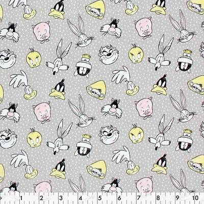 Fabric Creations Grey Dots with Bugs Bunny and Looney Toon Heads Cotton Fabric by the Metre