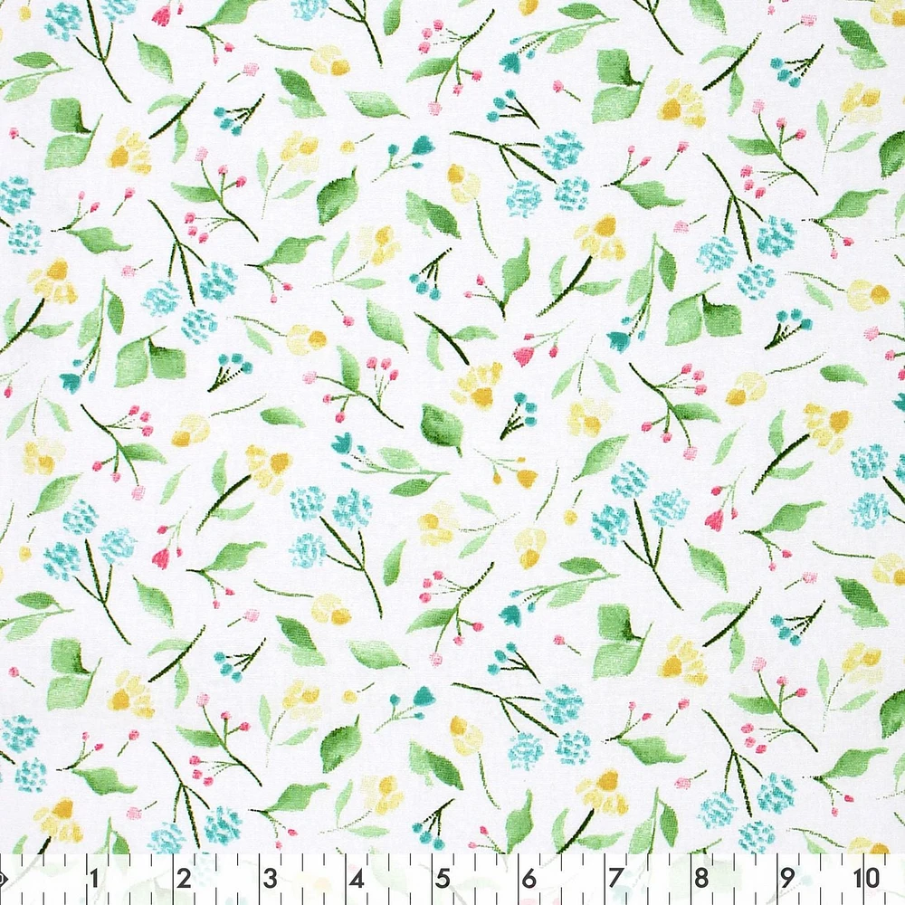 Fabric Creations White with Yelow, Blue and Pink Flower Stems Cotton Fabric by the Metre