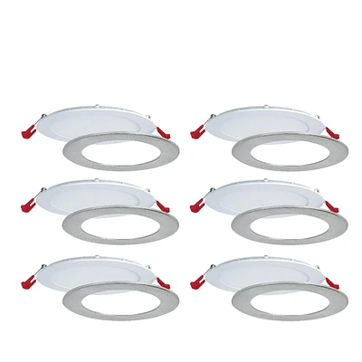 Nadair, 6” LED Recessed Ultra Slim Lights, 6-pack, IC rated, Dimmable, 15W=90W, 1125 Lumens, 3 Built-in color temperature, 3000K,4000K,5000K, Large Junction box, Quick Connect System, White finish, Brushed nickel trim included