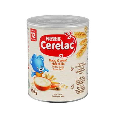 Céréales bébés CERELAC Miel, blé, lait, source de fer et d’éléments nutritifs essentiels, végétarien, sans additifs, Halal Correct, contenant recyclable, refermable 400 g