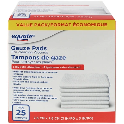 Equate Gauze Pads, 3" x 3", 7.6 cm x 7.6 cm/25 Pads