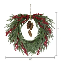 Holiday Time 22" Unlit Frosted Wonderland Wreath, Green, 52 branch tips; pre-decorated