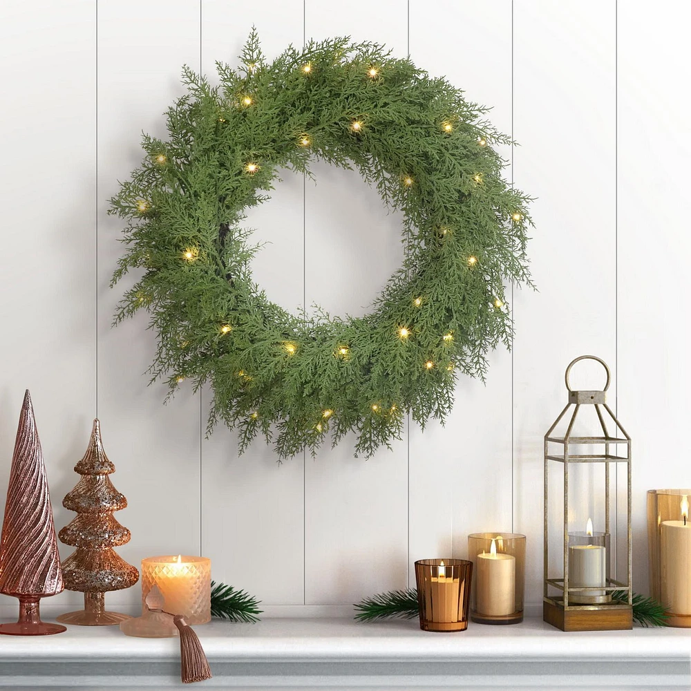 Holiday Time 24" Pre-Lit Natural Feel Cedar Wreath, Green, 80 branch tips; LED lights