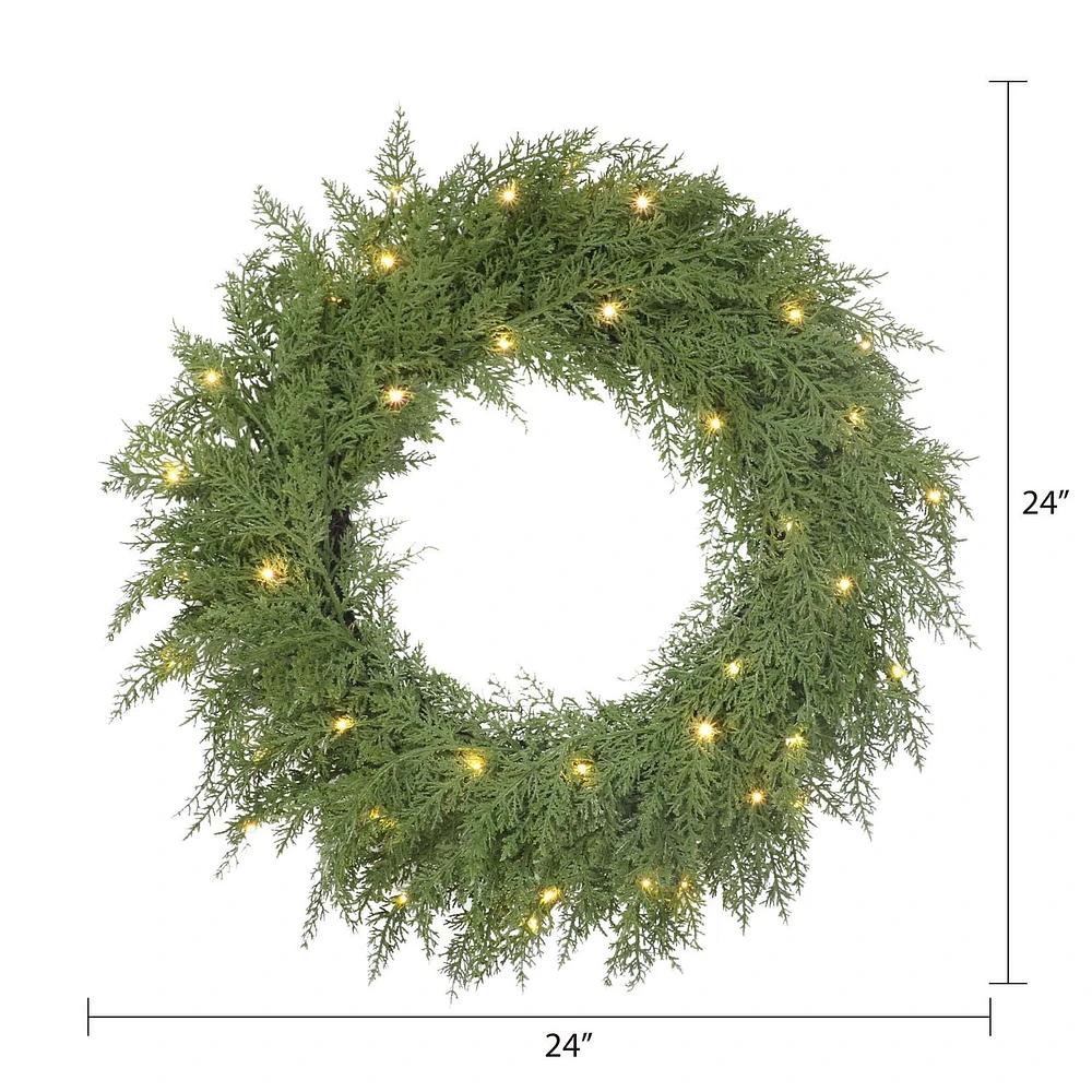 Holiday Time 24" Pre-Lit Natural Feel Cedar Wreath, Green, 80 branch tips; LED lights