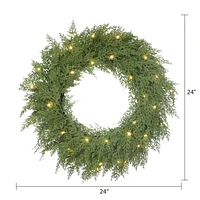 Holiday Time 24" Pre-Lit Natural Feel Cedar Wreath, Green, 80 branch tips; LED lights