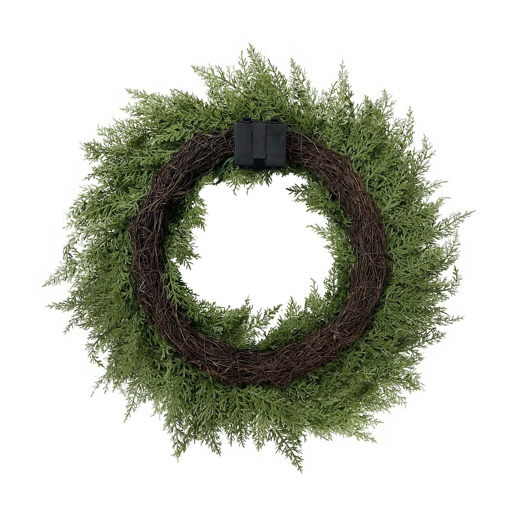 Holiday Time 24" Pre-Lit Natural Feel Cedar Wreath, Green, 80 branch tips; LED lights