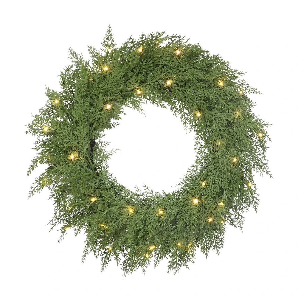 Holiday Time 24" Pre-Lit Natural Feel Cedar Wreath, Green, 80 branch tips; LED lights