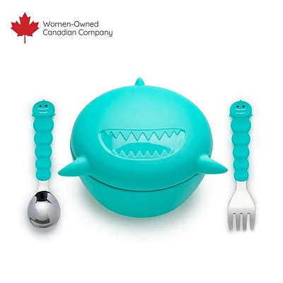 melii Bol en silicone avec couvercle et ustensiles requin