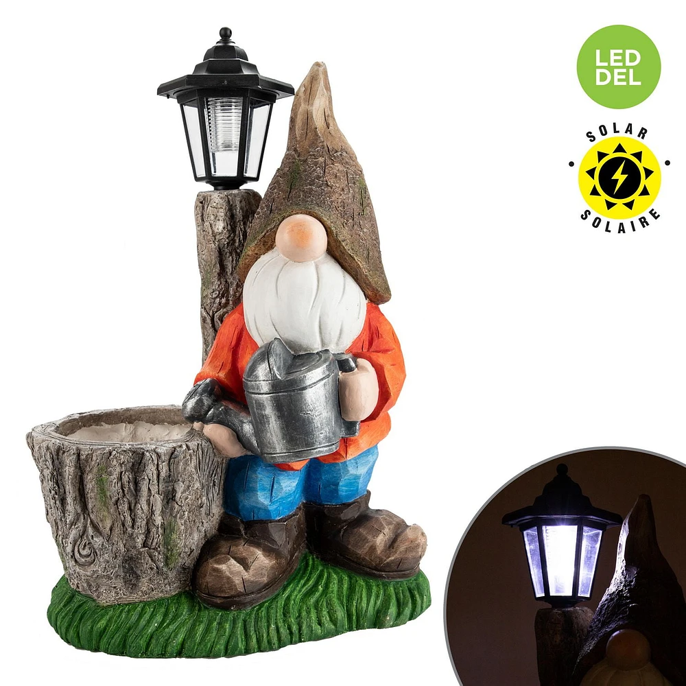 SOLAR POLYRESIN GARDEN GNOME PLANTER WITH LIGHT POST