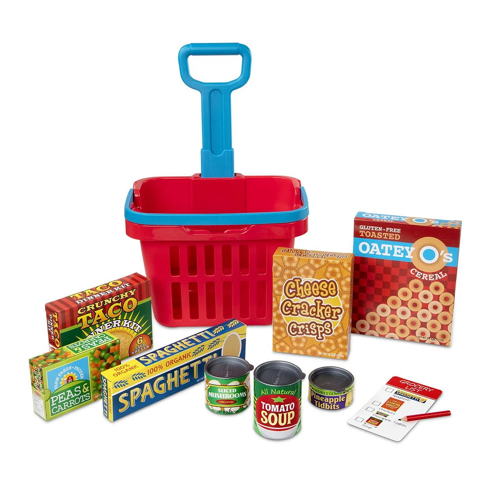 Melissa & Doug Fill and Roll Grocery Basket Play Set With Play Food Boxes and Cans (11 pcs)