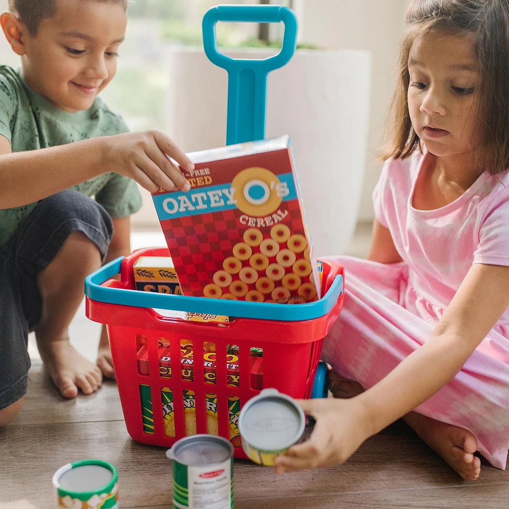 Melissa & Doug Fill and Roll Grocery Basket Play Set With Play Food Boxes and Cans (11 pcs)