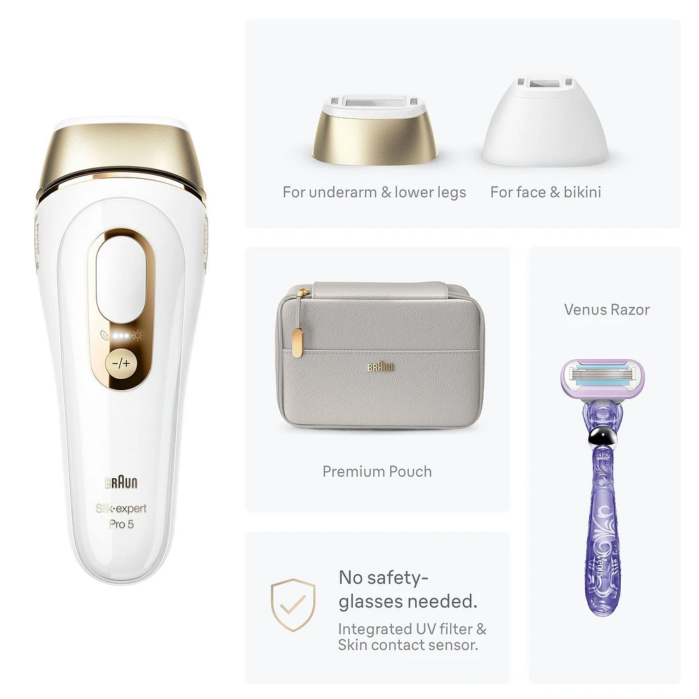 Braun IPL Silk-Expert Pro 5 Laser Hair Removal at Home, Permanent Hair Reduction for Women and Men, Holidays Gifts with Premium Pouch, Venus Razor, 2 Attachment Heads, PL5157