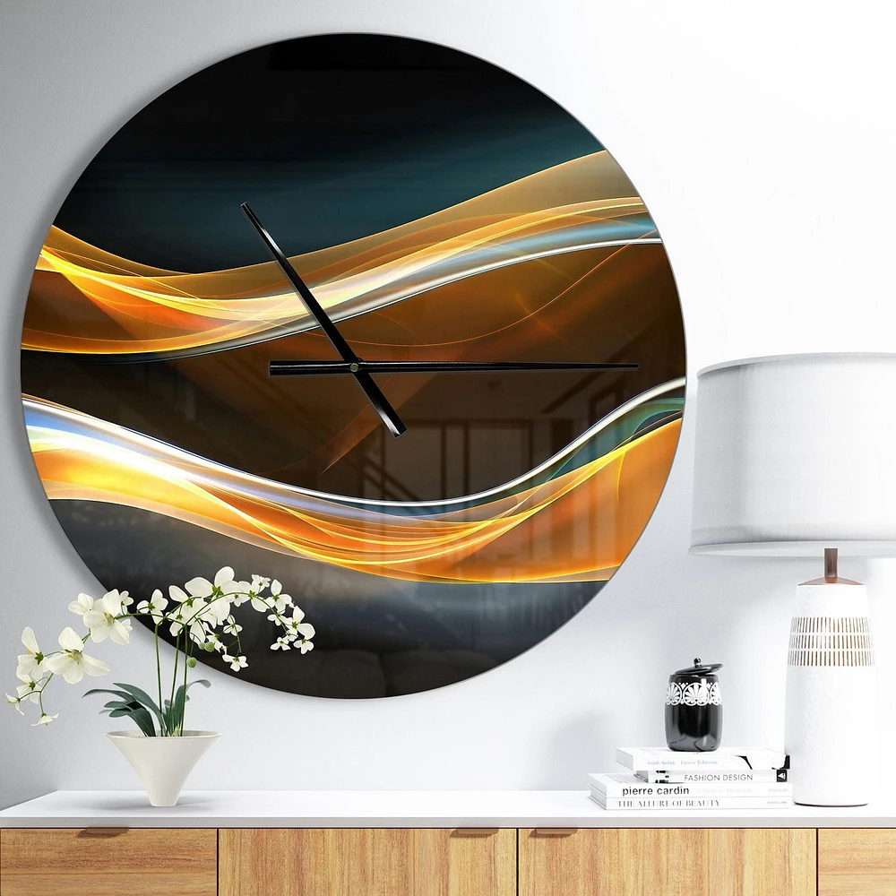 Designart '3D Gold Waves in Black ' Modern wall clock