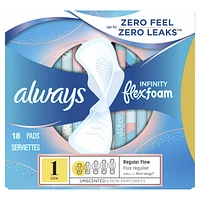 Serviettes Always Infinity, flux régulier, avec ailes, pour femmes, taille 1, non parfumées, 18 serviettes