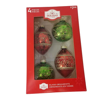 HOLIDAY TIME 65MM * 4CT RED/GREEN GLASS ORNAMENT