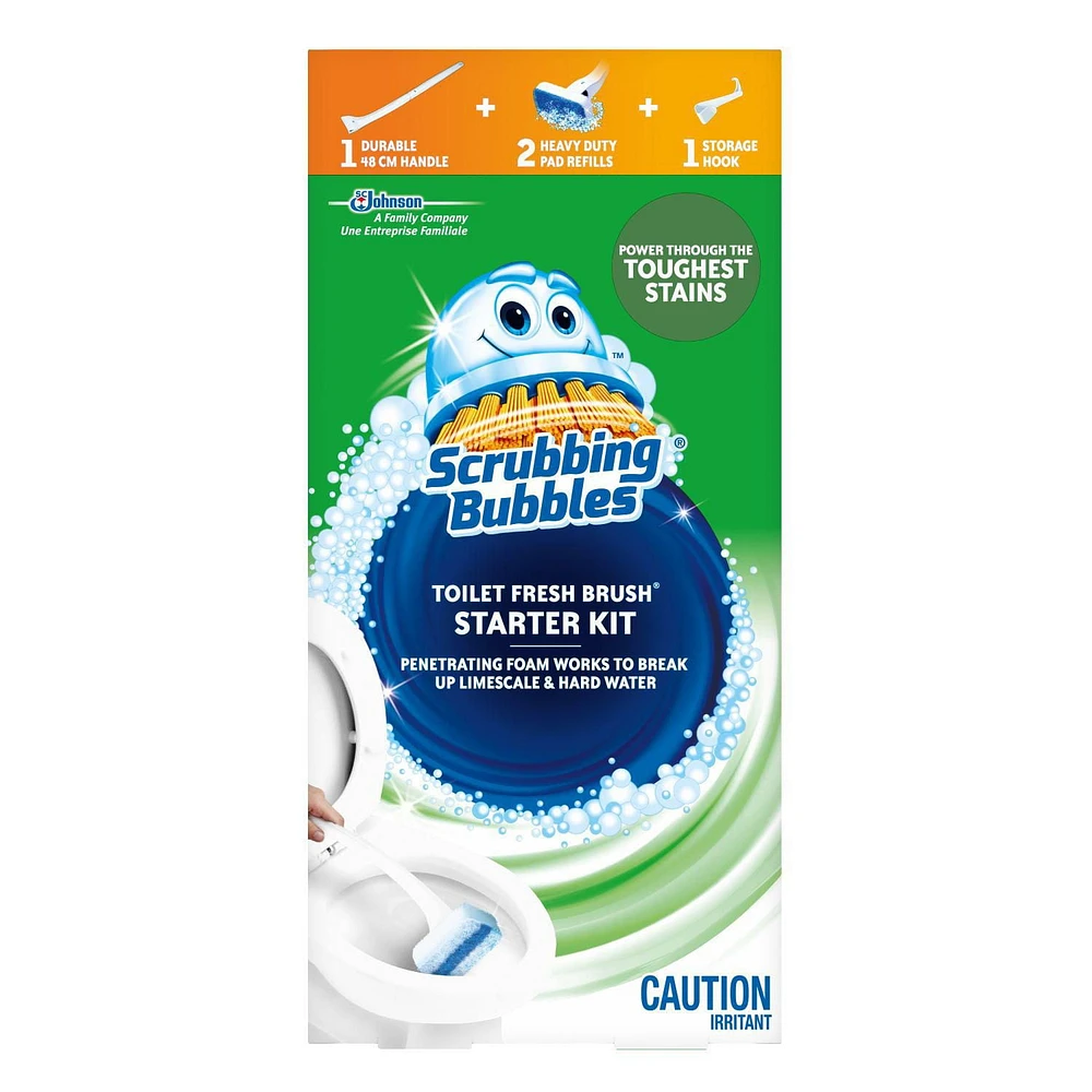 Scrubbing Bubbles Brosse Fraîcheur Toilette Nécessaire de départ, Comprend 1 manche, 2 recharges de tampons pour gros travaux et un crochet de rangement 1 pièce