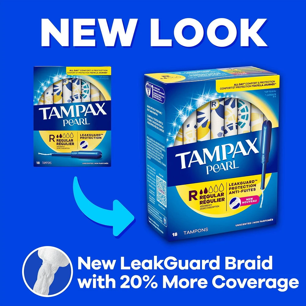 Tampons Tampax Pearl, avec tresse antifuites, degré d’absorption régulier/super, emballage multiple, non parfumés, 34tampons 34CT