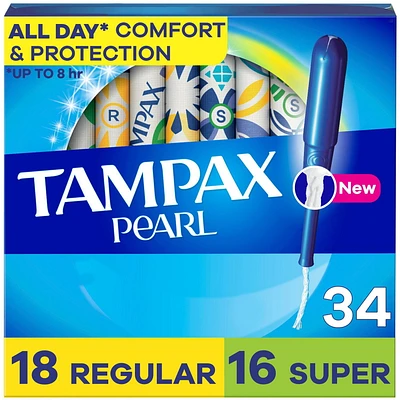 Tampax Pearl Tampons Multipack, with LeakGuard Braid, Regular/Super Absorbency, Unscented, 34CT