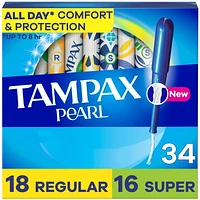Tampons Tampax Pearl, avec tresse antifuites, degré d’absorption régulier/super, emballage multiple, non parfumés, 34tampons 34CT