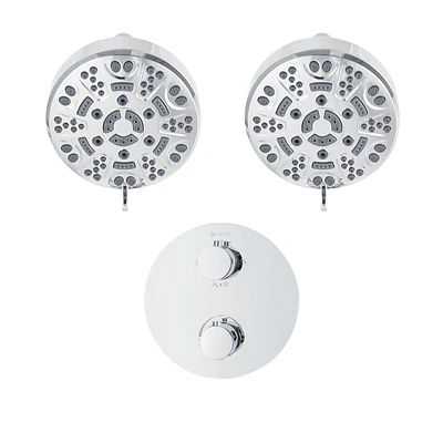 Round thermostatic valve 4-way diverter, 2 shower heads 8 settings or simultaneously with stop, Chrome finish