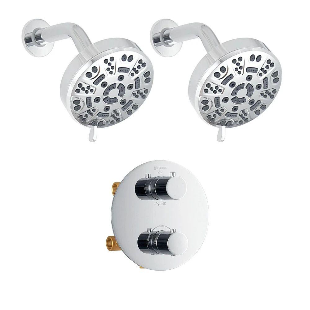 Round thermostatic valve 4-way diverter, 2 shower heads 8 settings or simultaneously with stop, Chrome finish