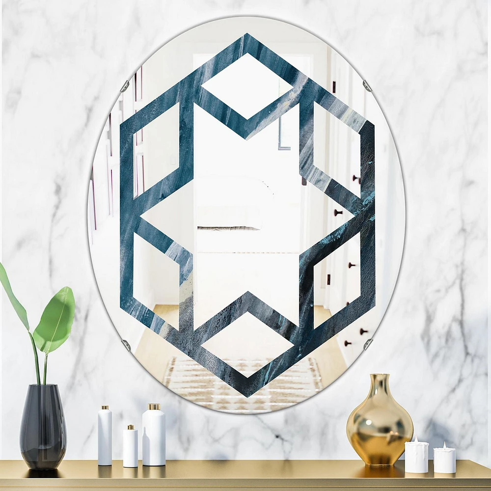 Designart 'Splash Blue Indigo' Modern Oval Wall Mirror - Hexagon Star 24x36