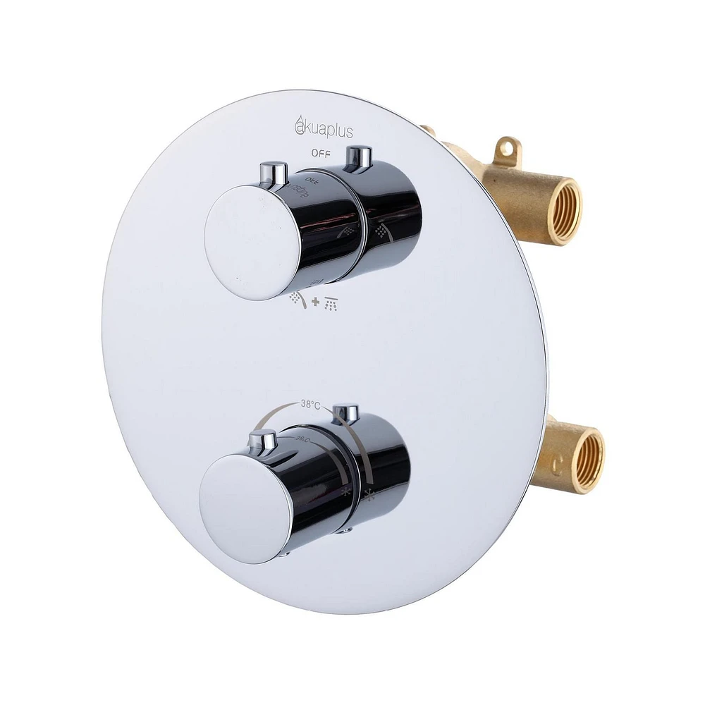 Round thermostatic valve 4-way diverter, 2 shower heads 8 settings or simultaneously with stop, Chrome finish