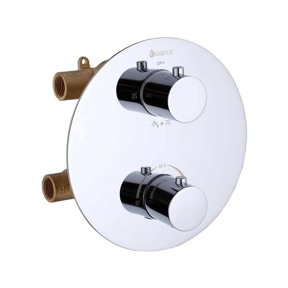 Round thermostatic valve 4-way diverter, 2 shower heads 8 settings or simultaneously with stop, Chrome finish