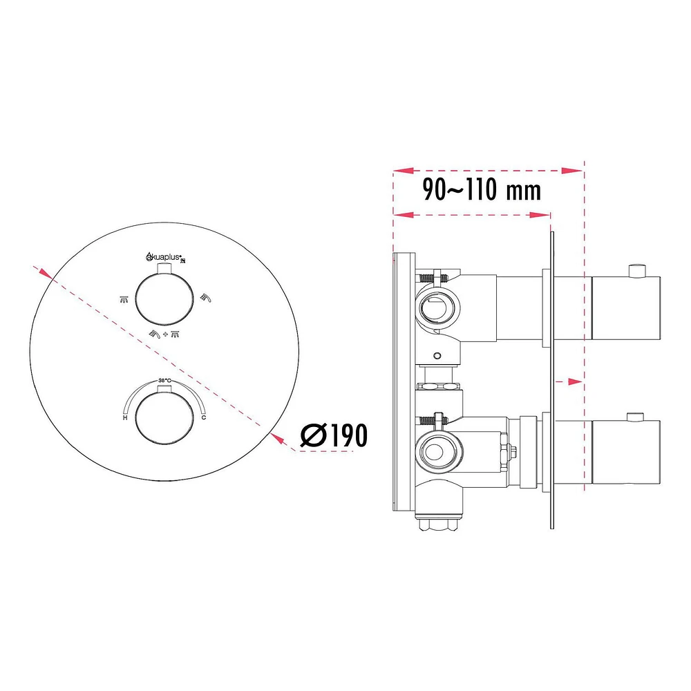 Round thermostatic valve 4-way diverter, 2 shower heads 8 settings or simultaneously with stop, Chrome finish