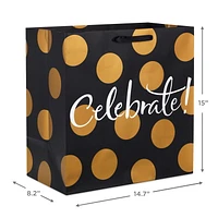 Hallmark 15" Grand Gift Bag (Celebrate Gold Dots on Black) for Birthdays, Bridal Showers, Engagement or Any Occasion