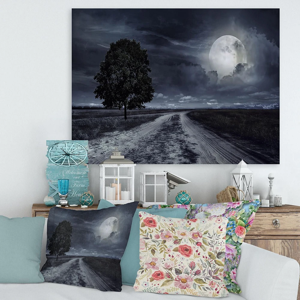 Designart Paved Road Under A Full Moon Canvas Wall Art