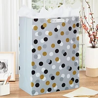 Hallmark 20" Mega Gift Bag (Black, White, Gold Glitter Dots on Gray) for Birthdays, Bridal Showers, Parties or Any Occasion