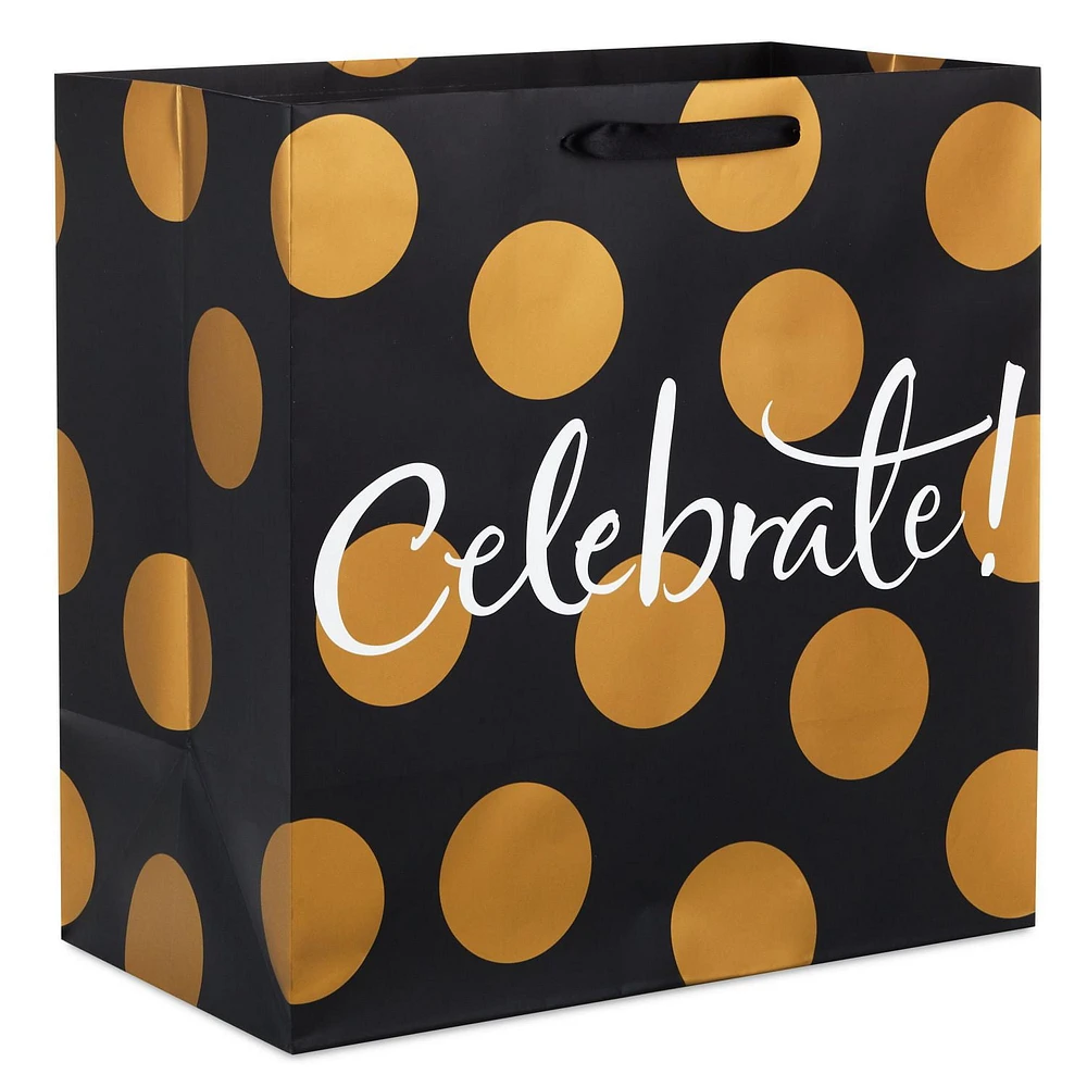 Hallmark 15" Grand Gift Bag (Celebrate Gold Dots on Black) for Birthdays, Bridal Showers, Engagement or Any Occasion