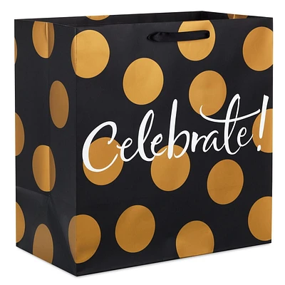 Hallmark 15" Grand Gift Bag (Celebrate Gold Dots on Black) for Birthdays, Bridal Showers, Engagement or Any Occasion