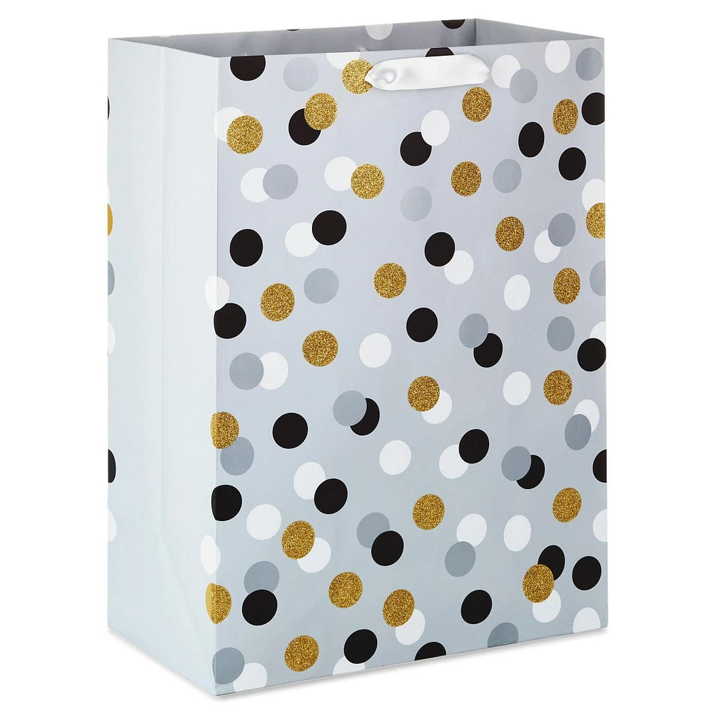 Hallmark 20" Mega Gift Bag (Black, White, Gold Glitter Dots on Gray) for Birthdays, Bridal Showers, Parties or Any Occasion