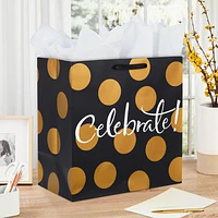 Hallmark 15" Grand Gift Bag (Celebrate Gold Dots on Black) for Birthdays, Bridal Showers, Engagement or Any Occasion